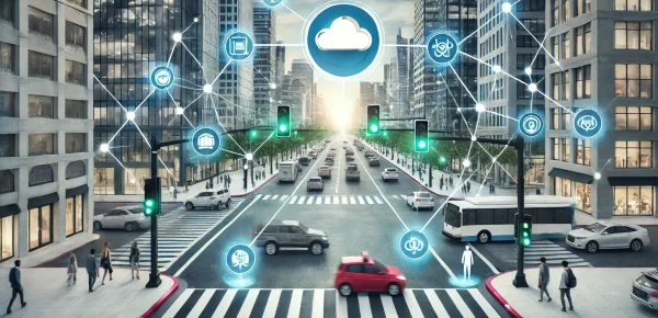 DALL·E 2024-07-23 15.46.30 – A modern urban intersection with smart traffic management systems in place. Show adaptive traffic signals, AIoT devices monitoring traffic flow, and c DALL·E 2024-07-23 15.46.30 - A modern urban intersection with smart traffic management systems in place. Show adaptive traffic signals, AIoT devices monitoring traffic flow, and c