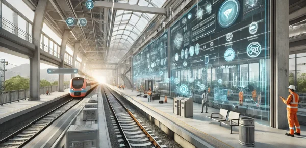DALL·E 2024-07-23 15.55.34 – A futuristic railway station with advanced safety measures implemented. Highlight AIoT devices and connectivity, with smart sensors monitoring the tra DALL·E 2024-07-23 15.55.34 - A futuristic railway station with advanced safety measures implemented. Highlight AIoT devices and connectivity, with smart sensors monitoring the tra